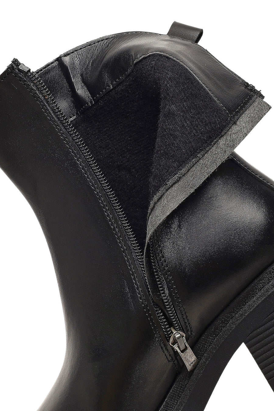 Women's Black Zippered Thick Heeled Leather Boot