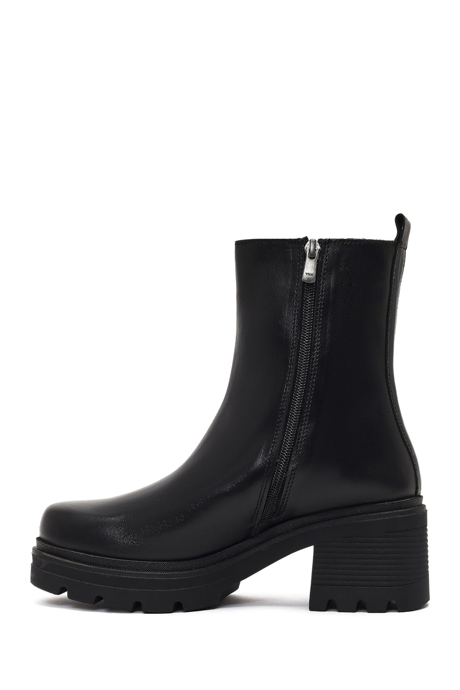 Women's Black Zippered Thick Heeled Leather Boot