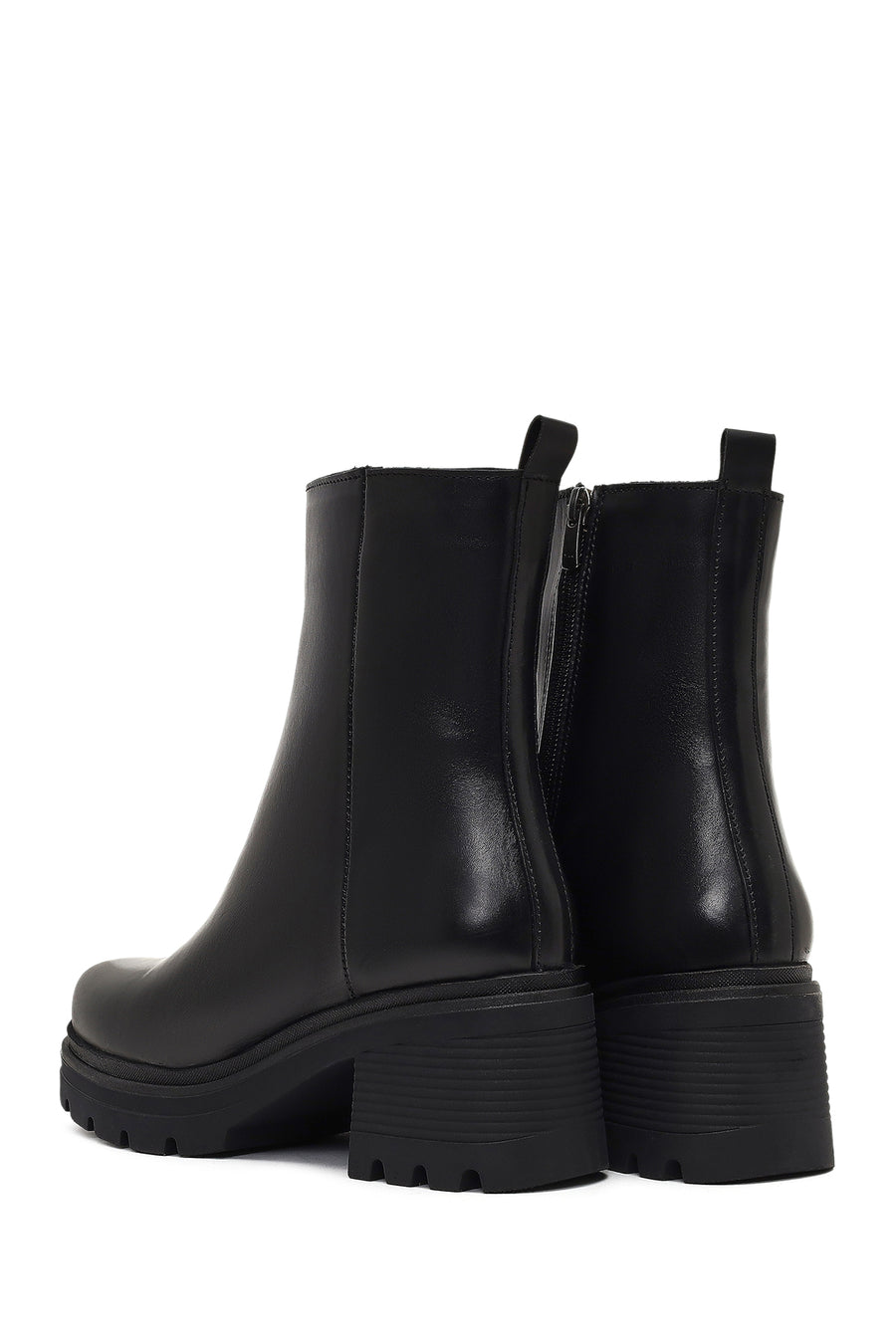 Women's Black Zippered Thick Heeled Leather Boot