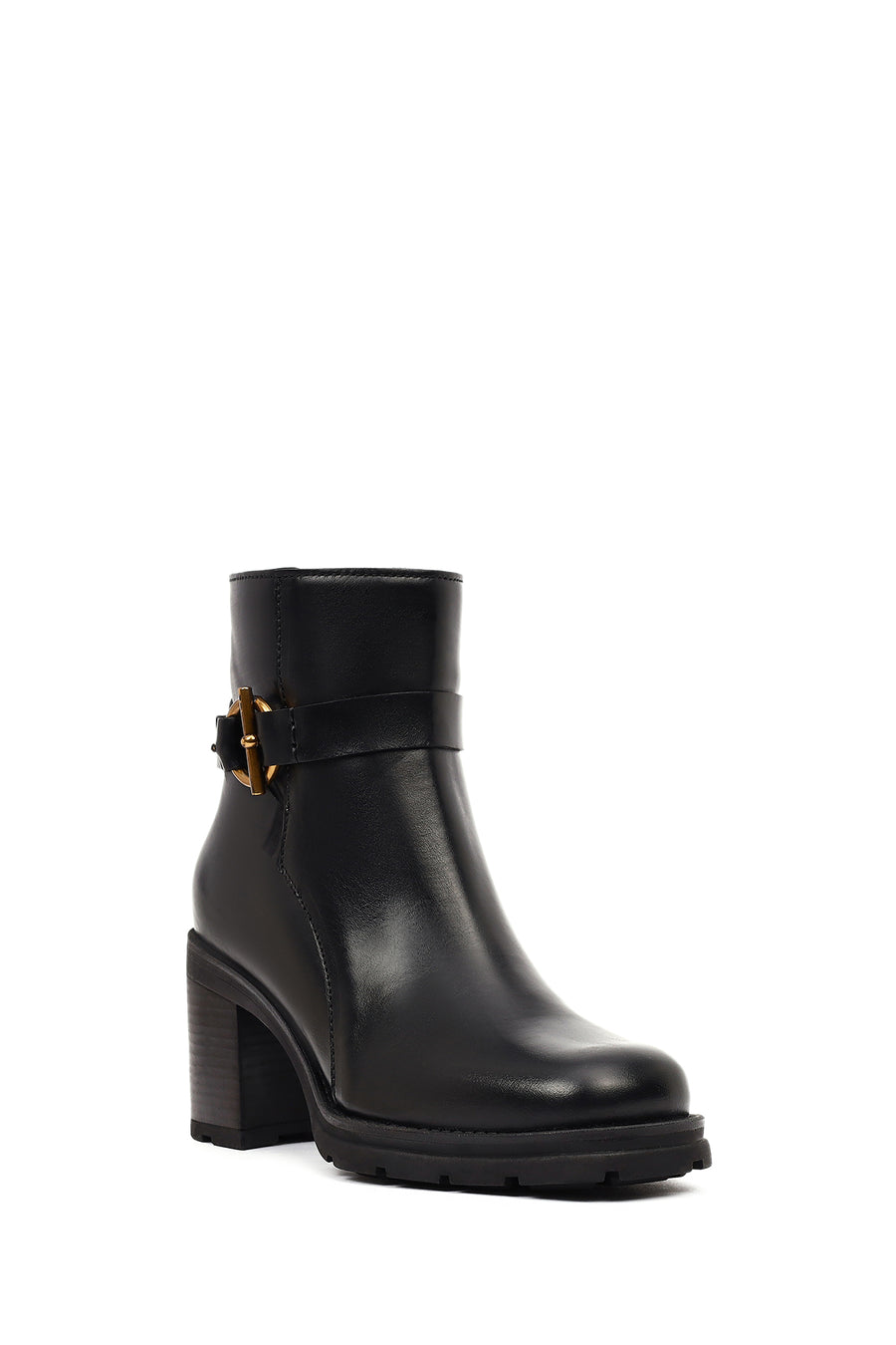 Women's Black Zippered Thick Heeled Leather Boot