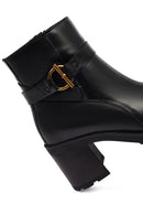 Women's Black Zippered Thick Heeled Leather Boot | Derimod