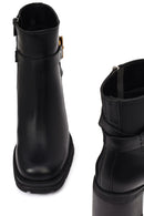 Women's Black Zippered Thick Heeled Leather Boot | Derimod