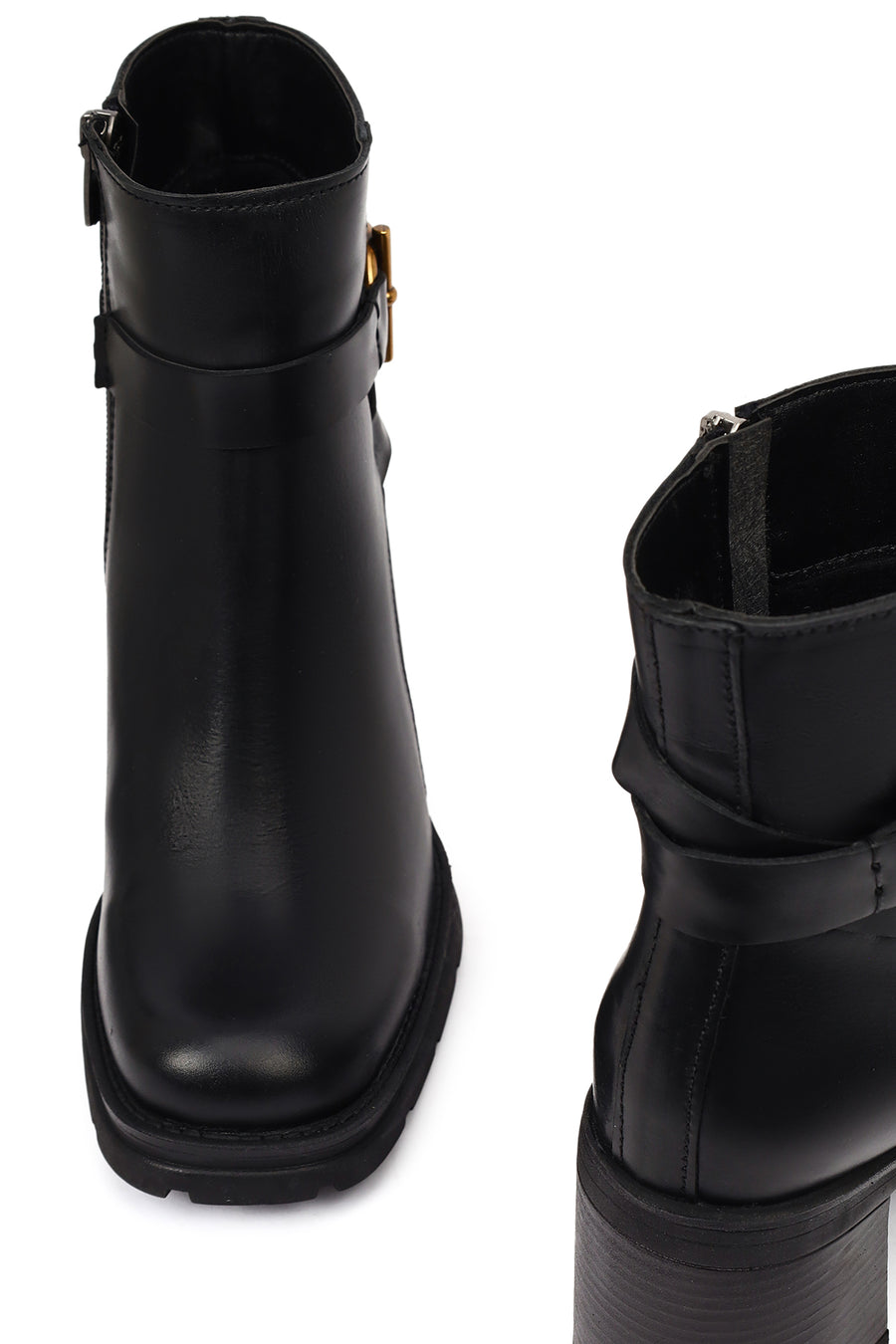 Women's Black Zippered Thick Heeled Leather Boot