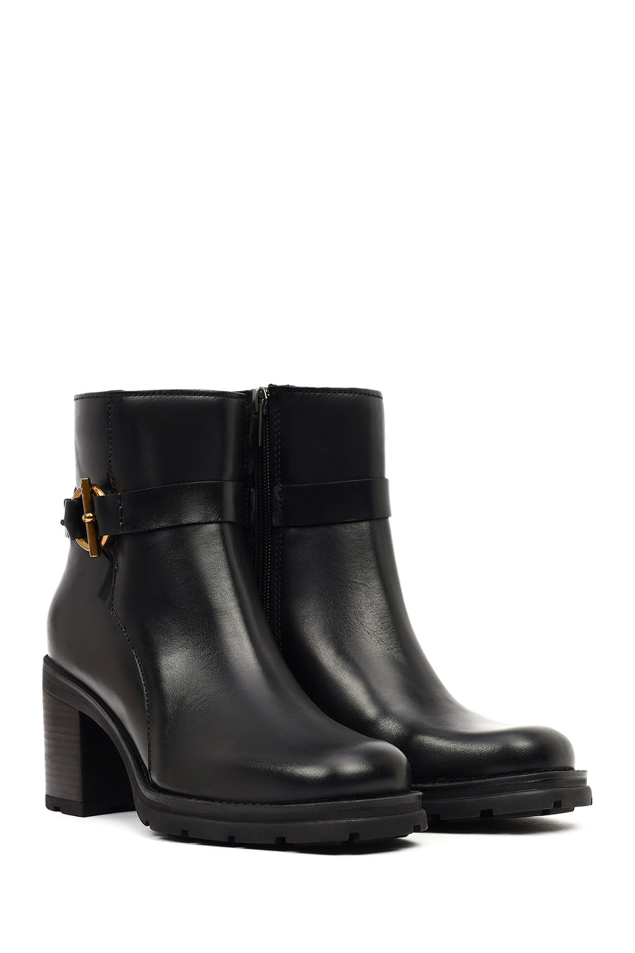 Women's Black Zippered Thick Heeled Leather Boot