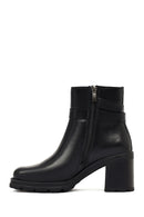 Women's Black Zippered Thick Heeled Leather Boot | Derimod