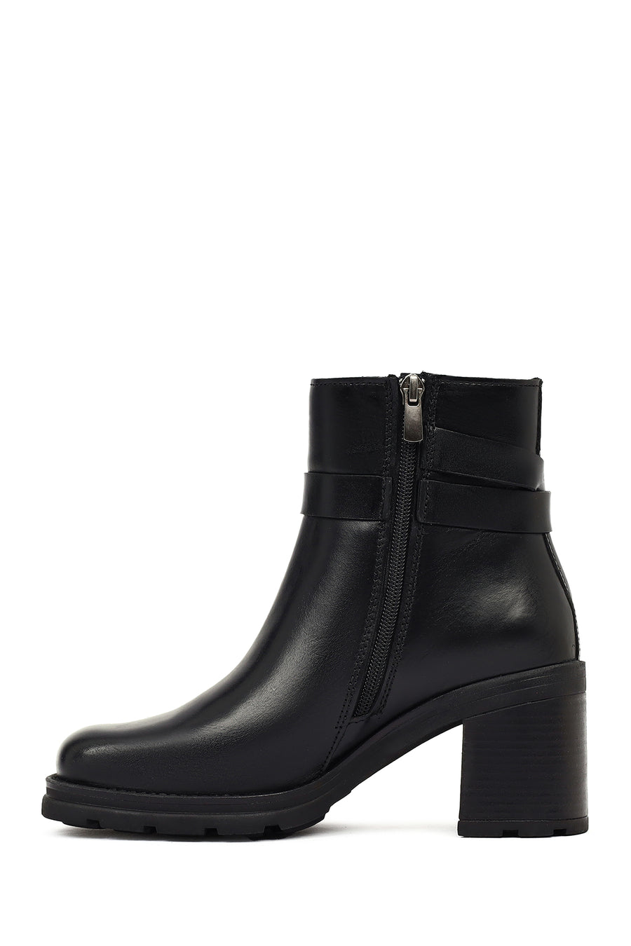 Women's Black Zippered Thick Heeled Leather Boot