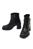 Women's Black Zippered Thick Heeled Leather Boot | Derimod