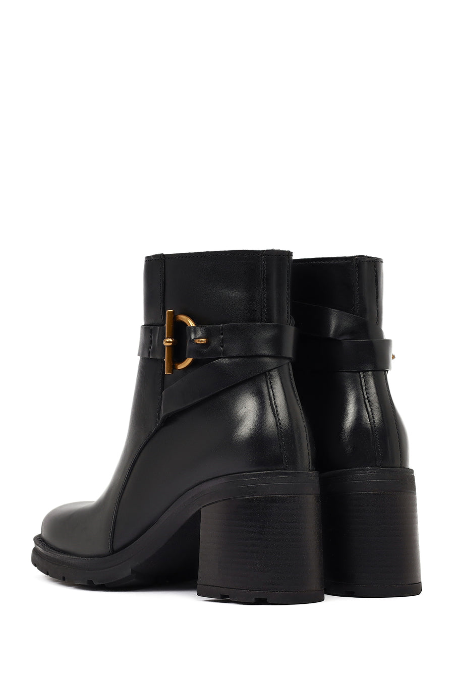 Women's Black Zippered Thick Heeled Leather Boot