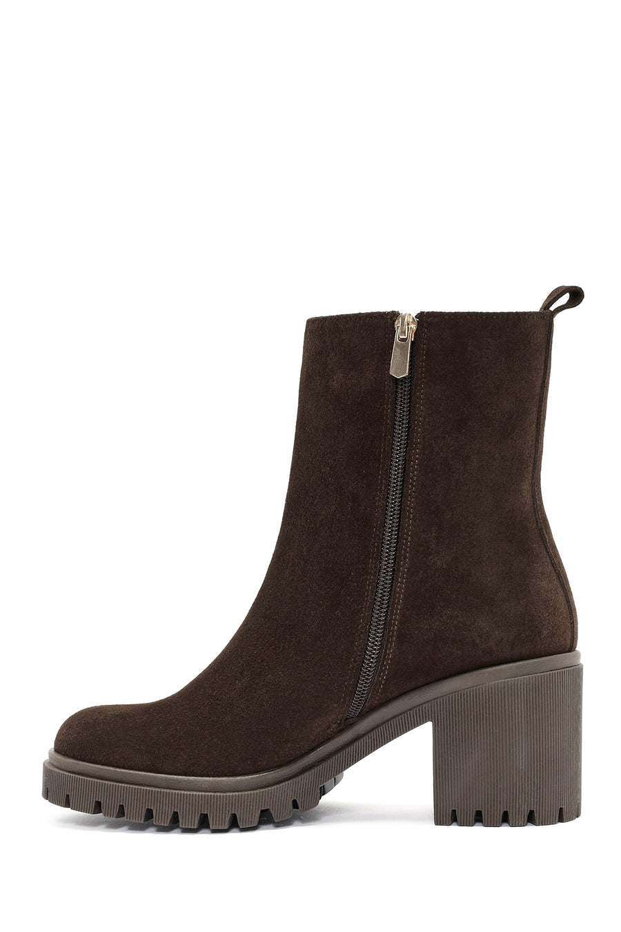 Woman Brown Zippered Suede Heels Leather Boat