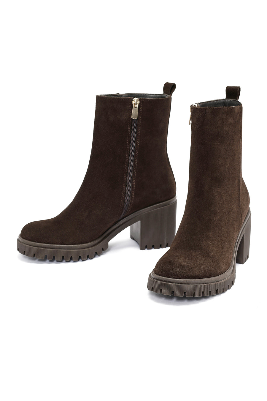 Woman Brown Zippered Suede Heels Leather Boat