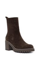 Woman Brown Zippered Suede Heels Leather Boat | Derimod