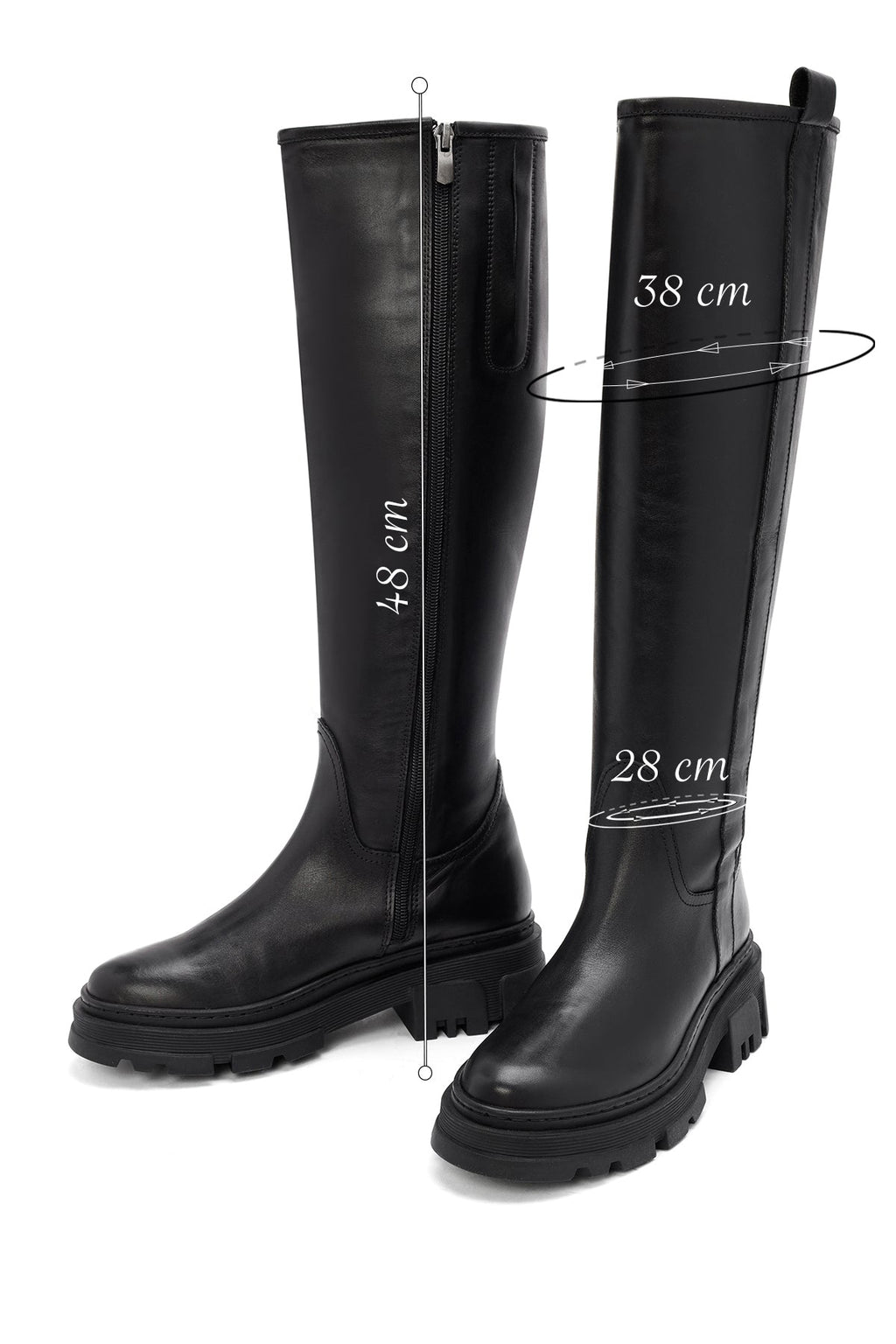 Kadın Siyah Fermuarlı Kalın Tabanlı Deri Çizme