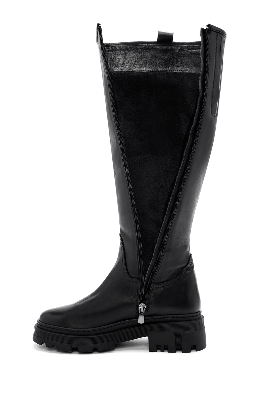Woman Black Zippered Thick Sole Leather Boot