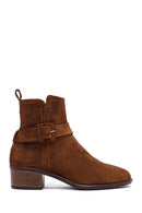 Women's Tan Zippered Short Heel Suede Leather Boot | Derimod