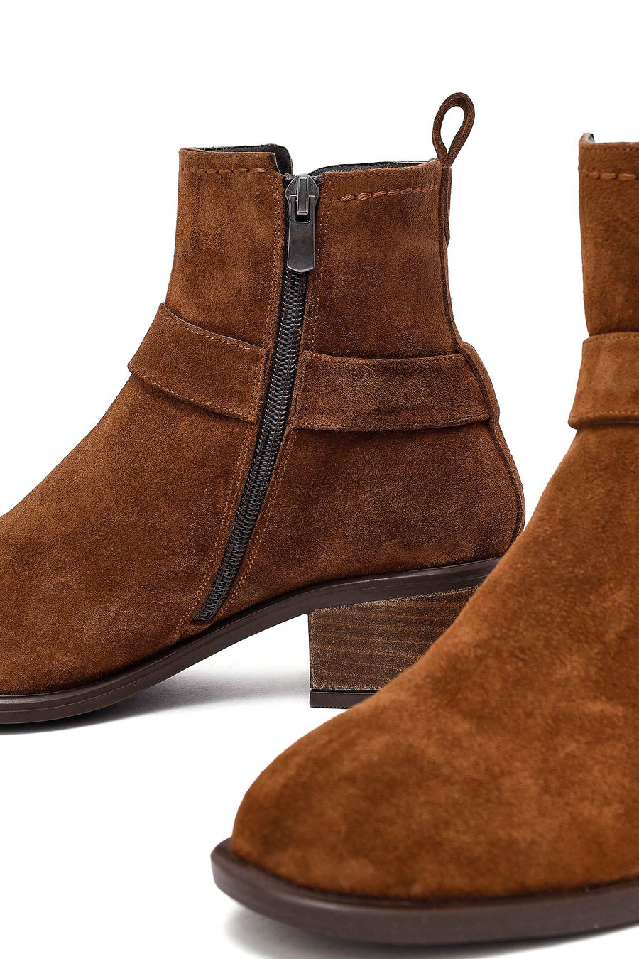 Women's Tan Zippered Short Heel Suede Leather Boot
