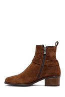 Women's Tan Zippered Short Heel Suede Leather Boot | Derimod
