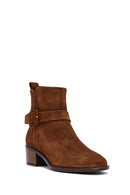 Women's Tan Zippered Short Heel Suede Leather Boot | Derimod