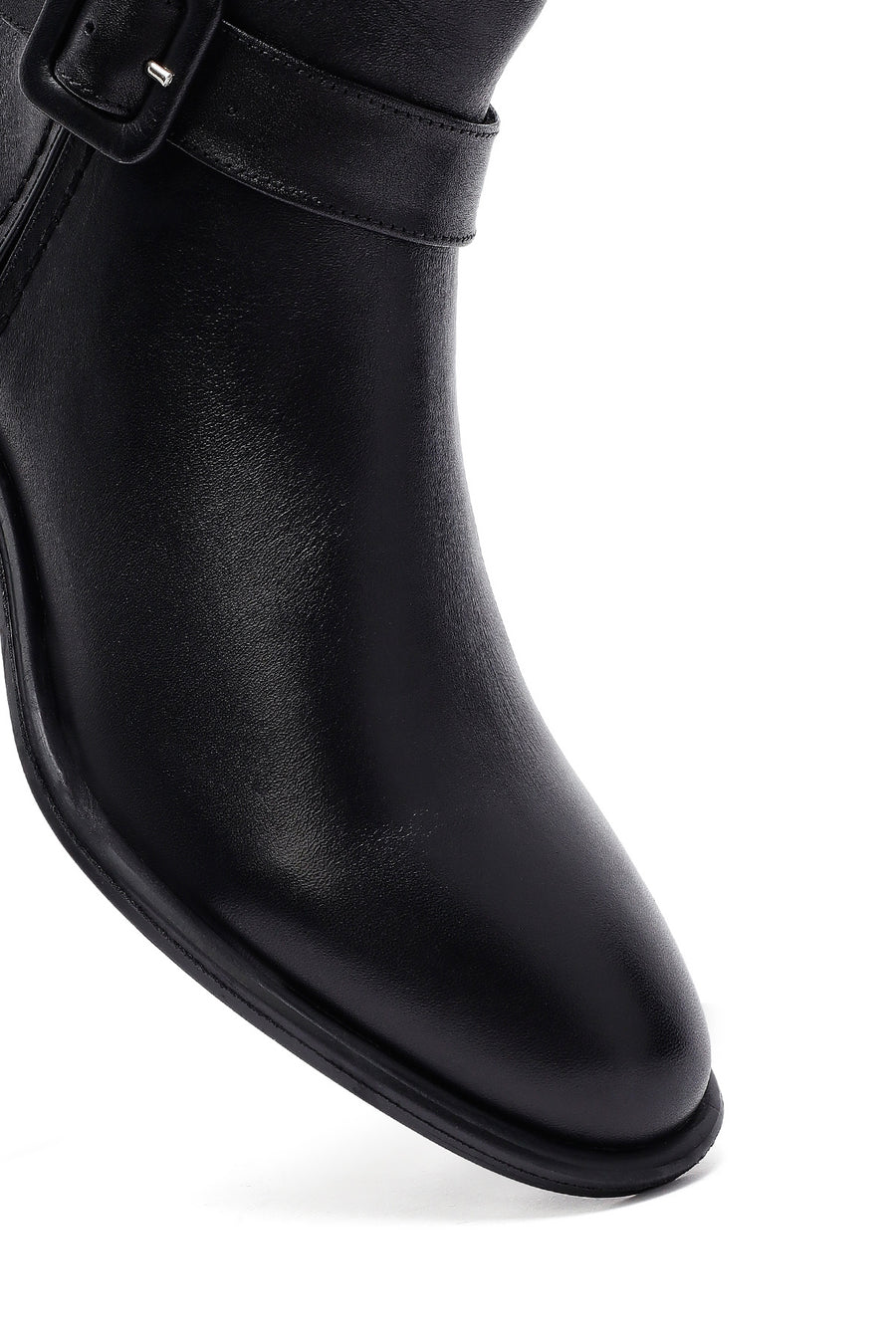 Women's Black Zippered Short Thick Heeled Leather Boots