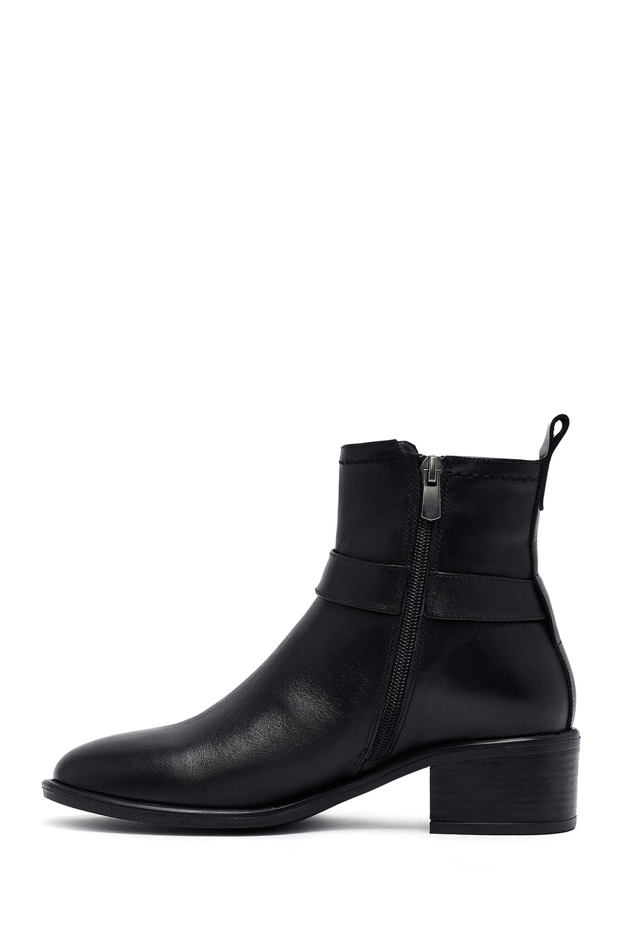 Women's Black Zippered Short Thick Heeled Leather Boots