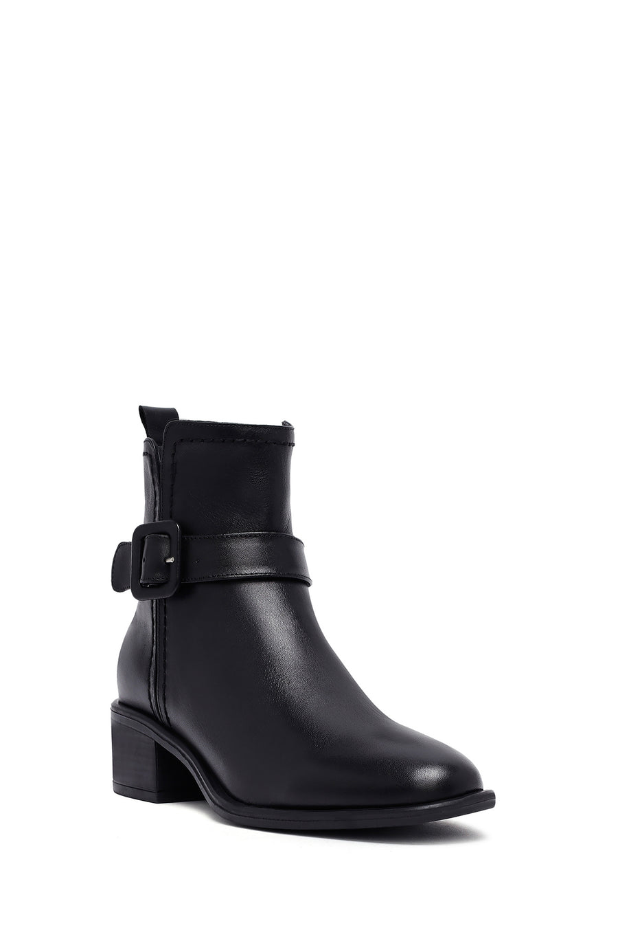 Women's Black Zippered Short Thick Heeled Leather Boots