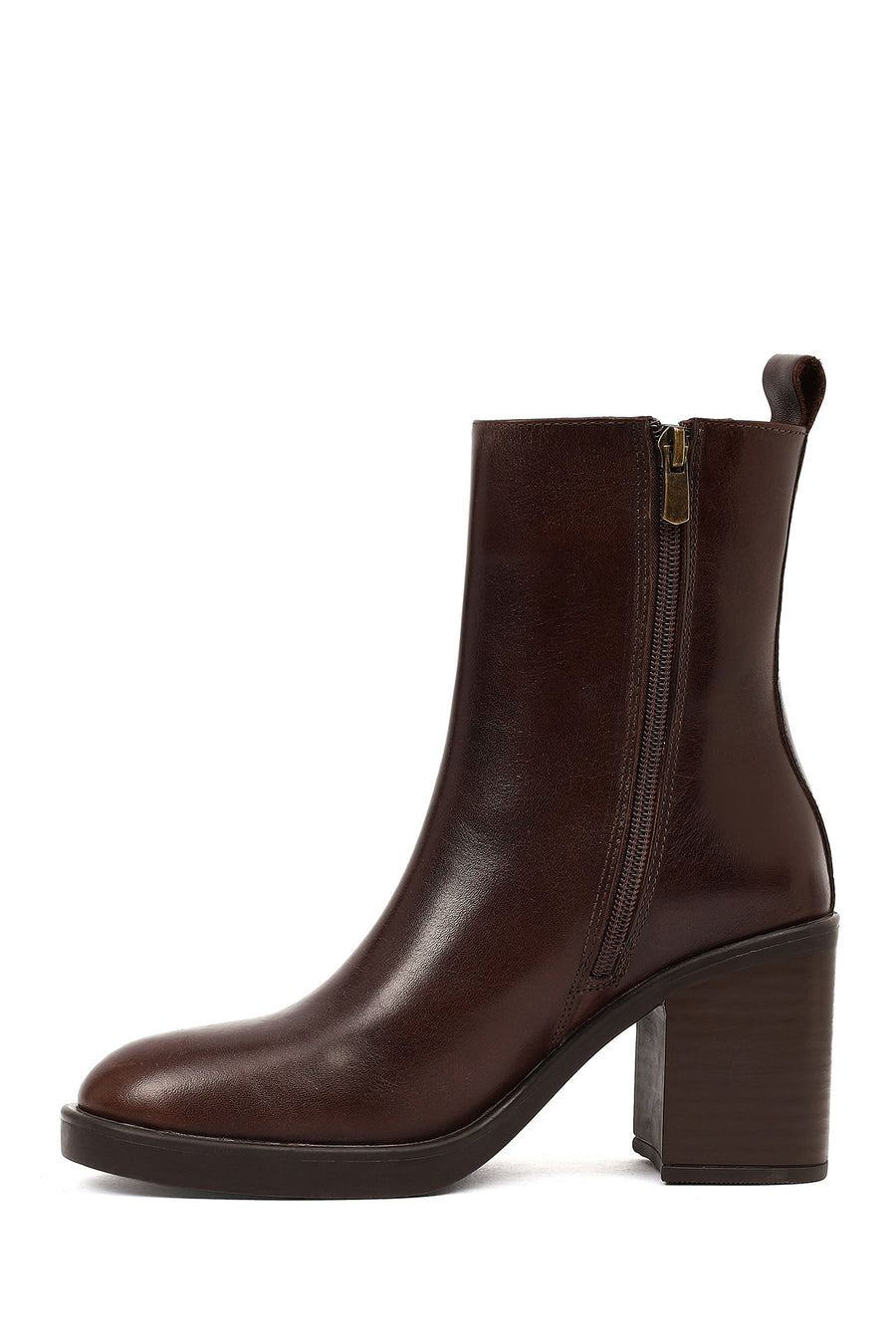 Women's Brown Zippered Thick Heeled Leather Boots