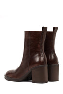 Women's Brown Zippered Thick Heeled Leather Boots | Derimod