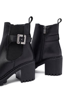Women's Black Zippered Thick Heeled Leather Boots | Derimod