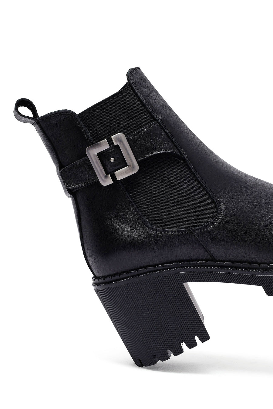 Women's Black Zippered Thick Heeled Leather Boots