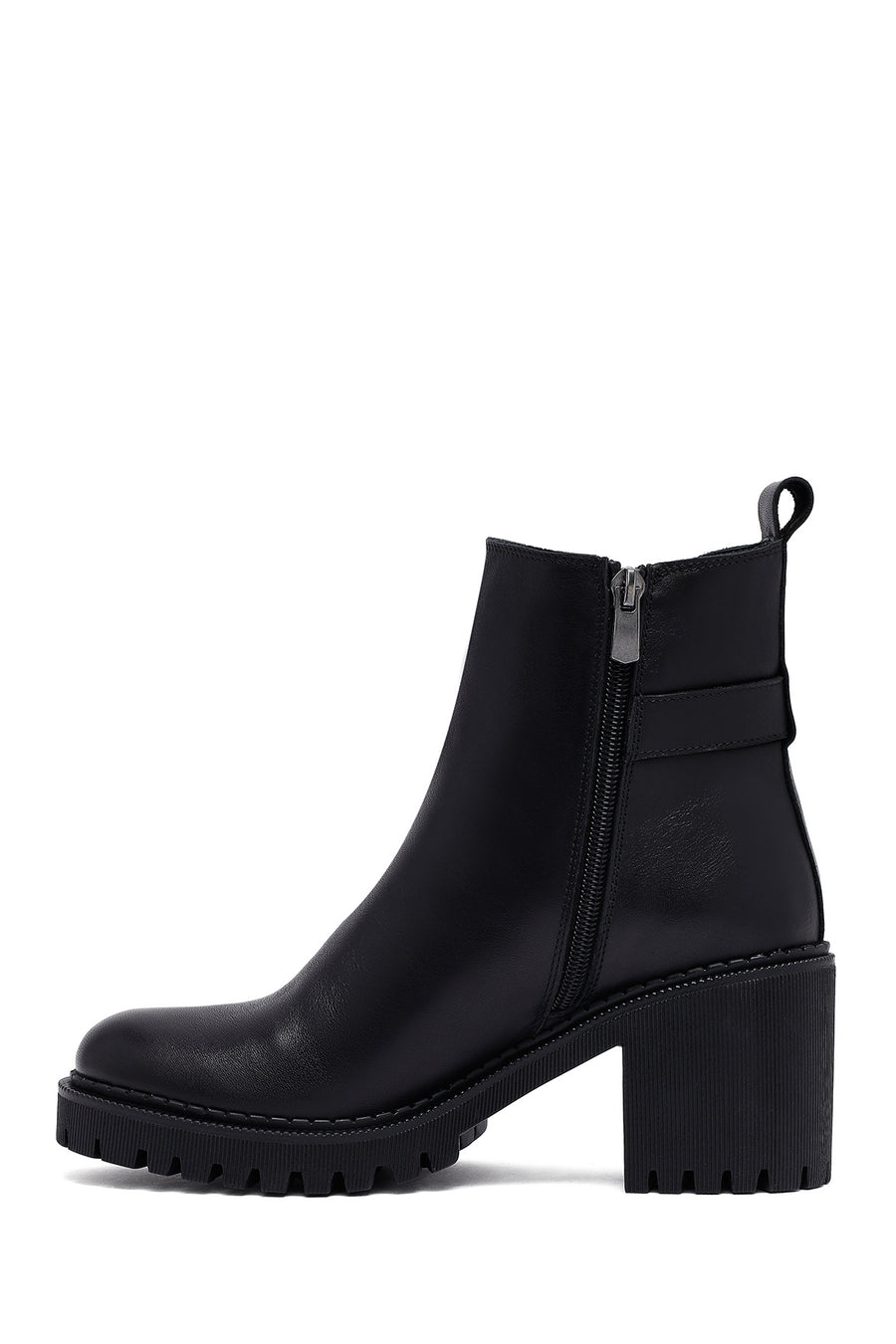 Women's Black Zippered Thick Heeled Leather Boots
