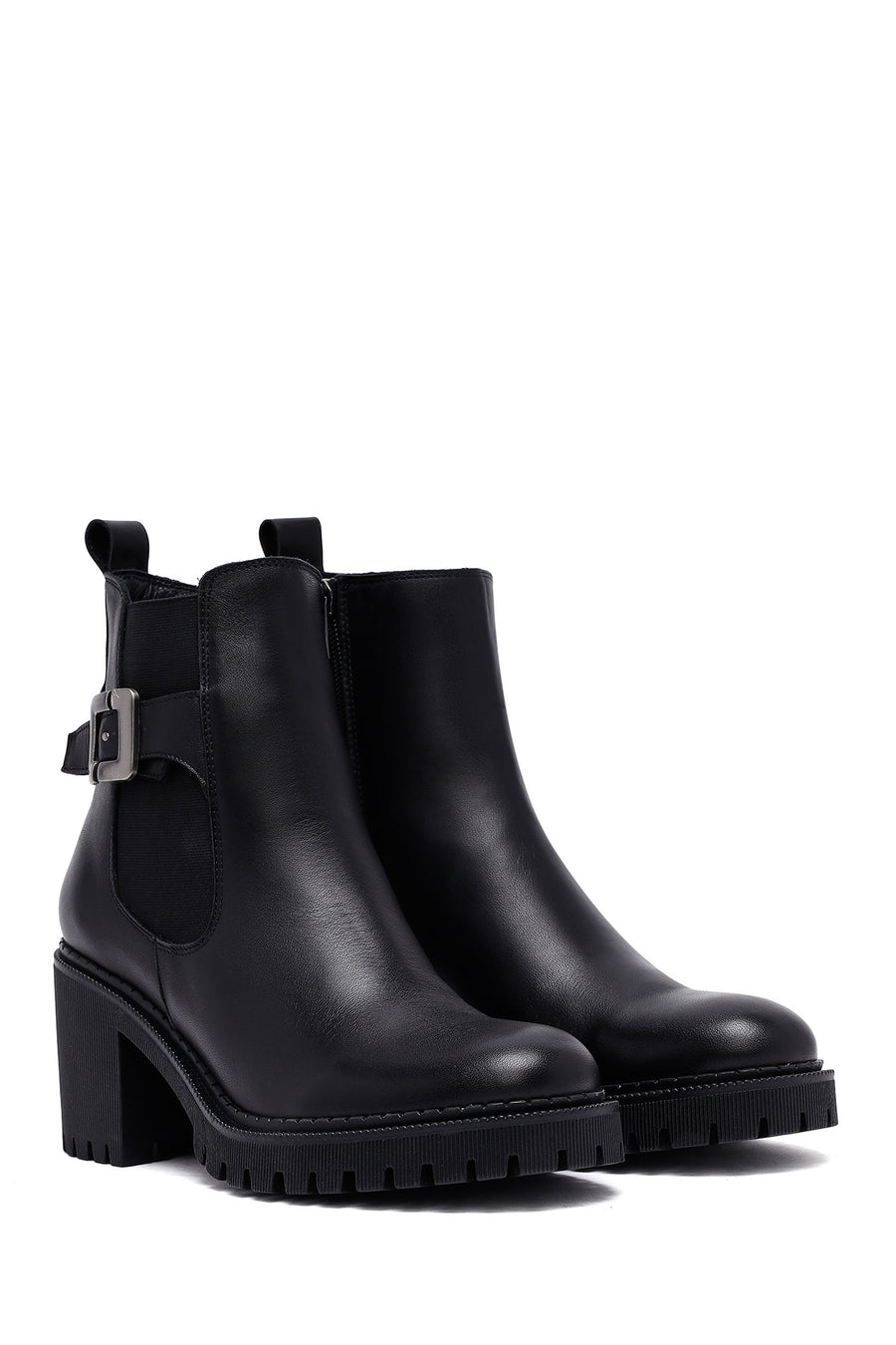 Women's Black Zippered Thick Heeled Leather Boots
