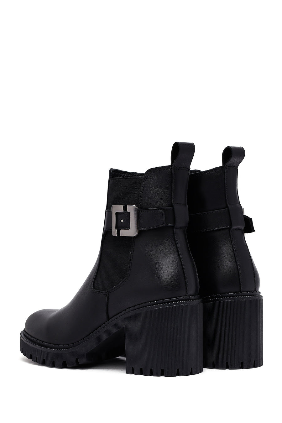 Women's Black Zippered Thick Heeled Leather Boots