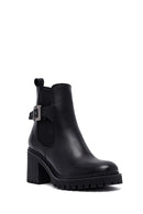 Women's Black Zippered Thick Heeled Leather Boots | Derimod
