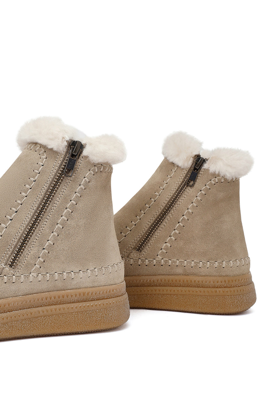 Woman Beige Zippered Thick-Soled Suede Leather Teddy Bot