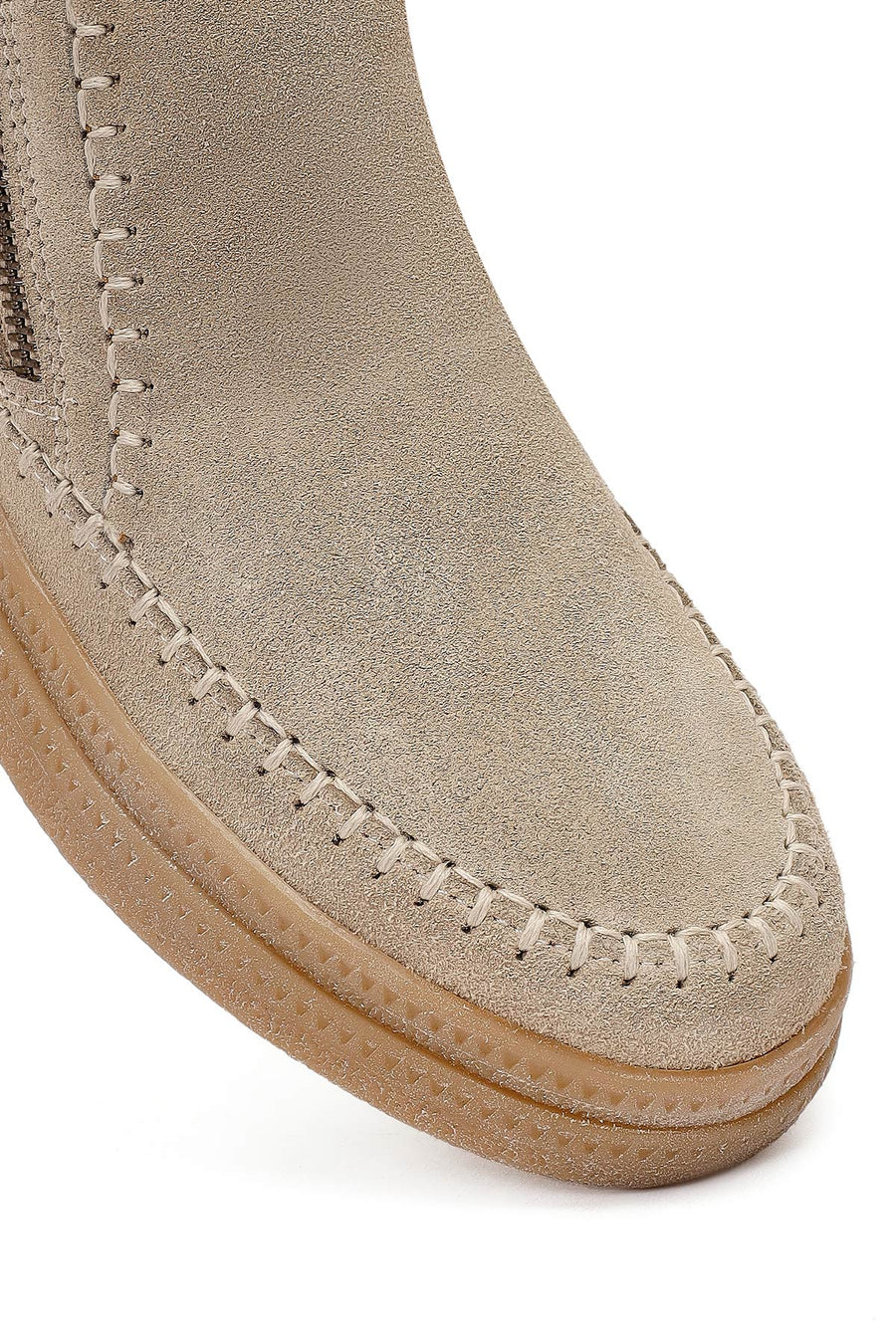 Woman Beige Zippered Thick-Soled Suede Leather Teddy Bot