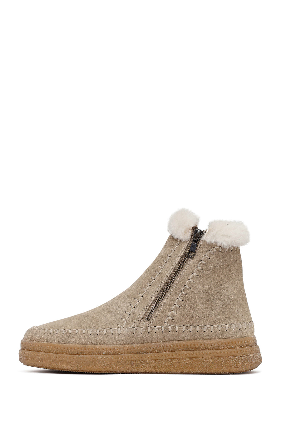 Woman Beige Zippered Thick-Soled Suede Leather Teddy Bot