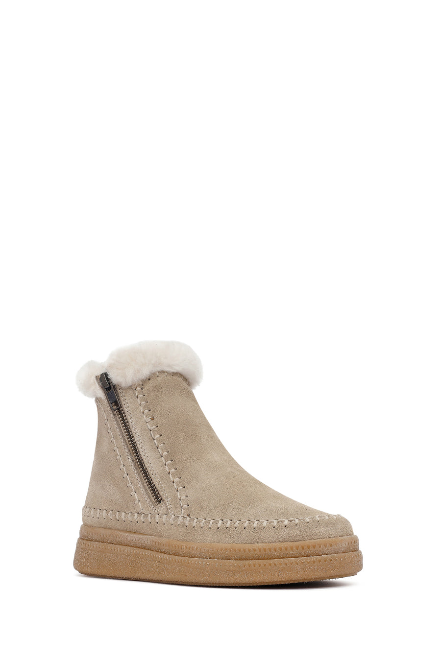 Woman Beige Zippered Thick-Soled Suede Leather Teddy Bot