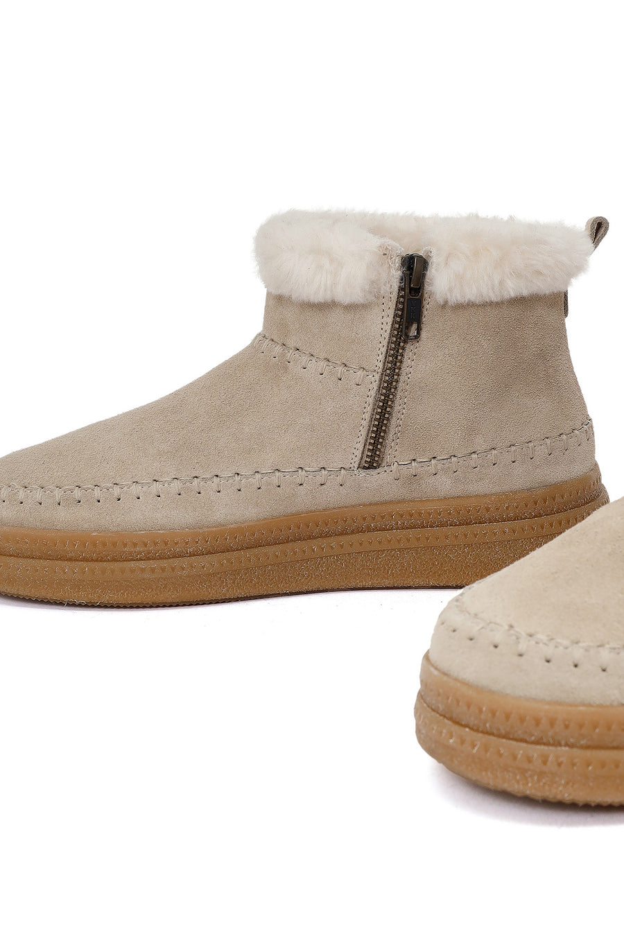 Woman Beige Zippered Thick-Soled Suede Leather Teddy Bot