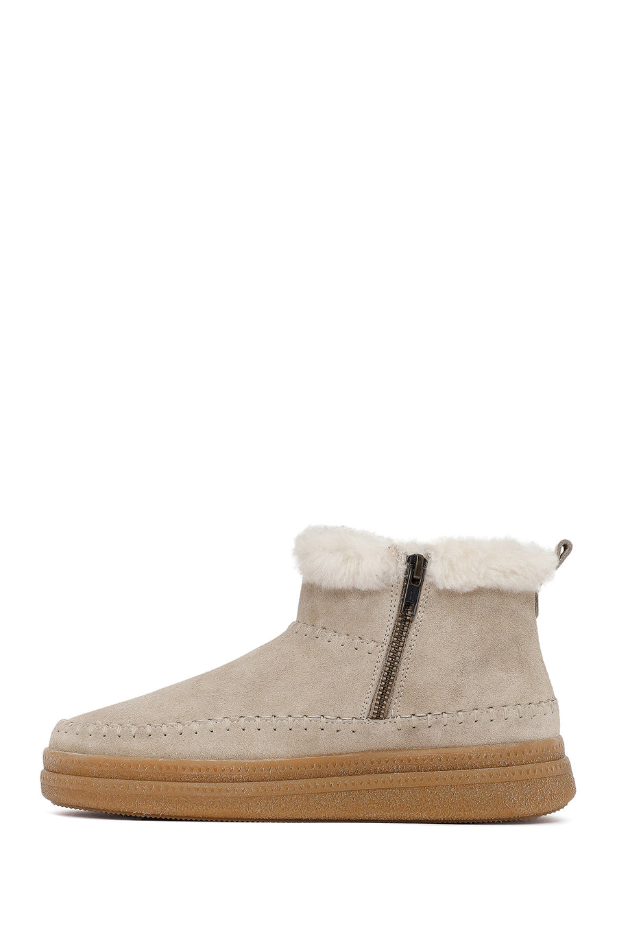 Woman Beige Zippered Thick-Soled Suede Leather Teddy Bot