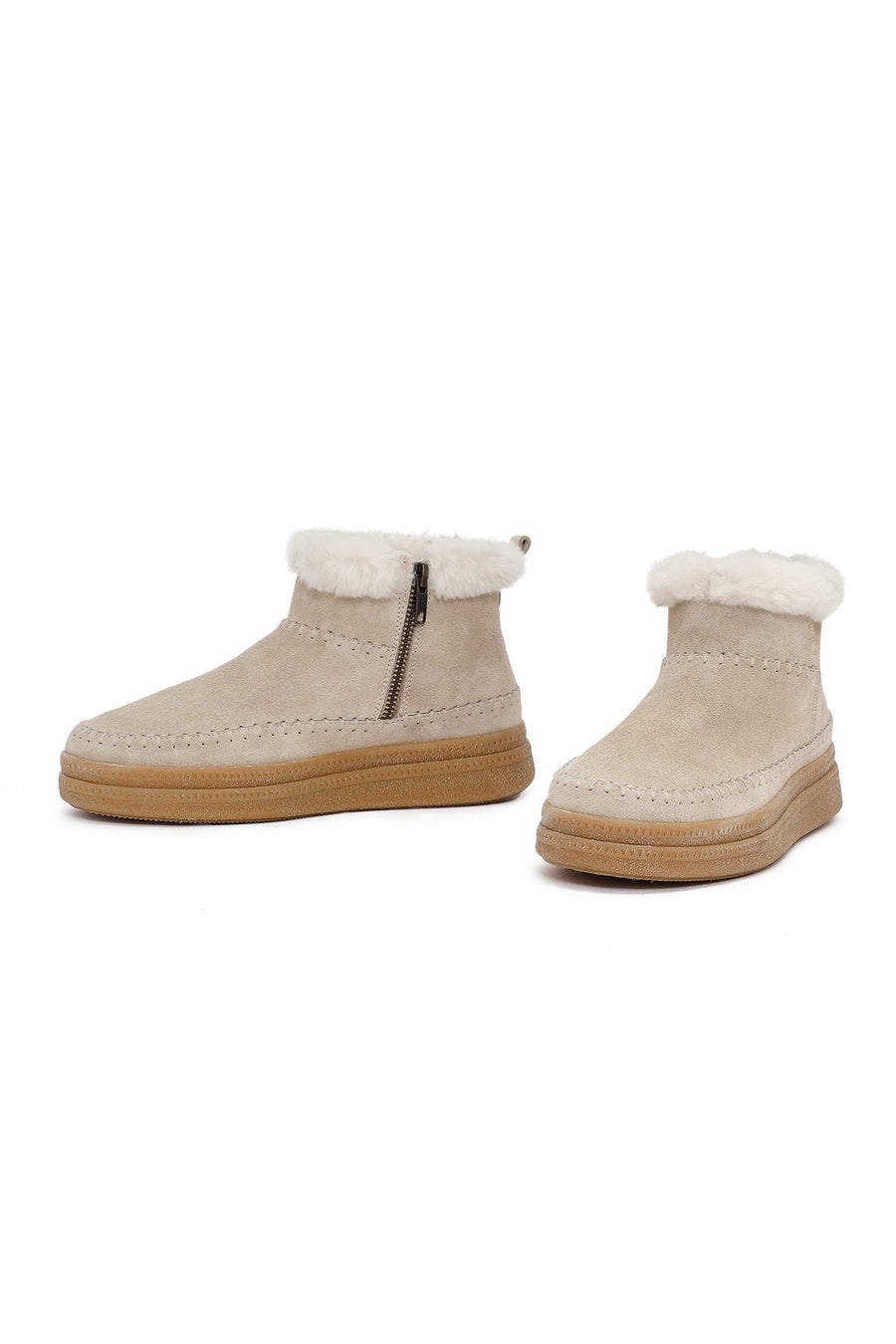 Woman Beige Zippered Thick-Soled Suede Leather Teddy Bot