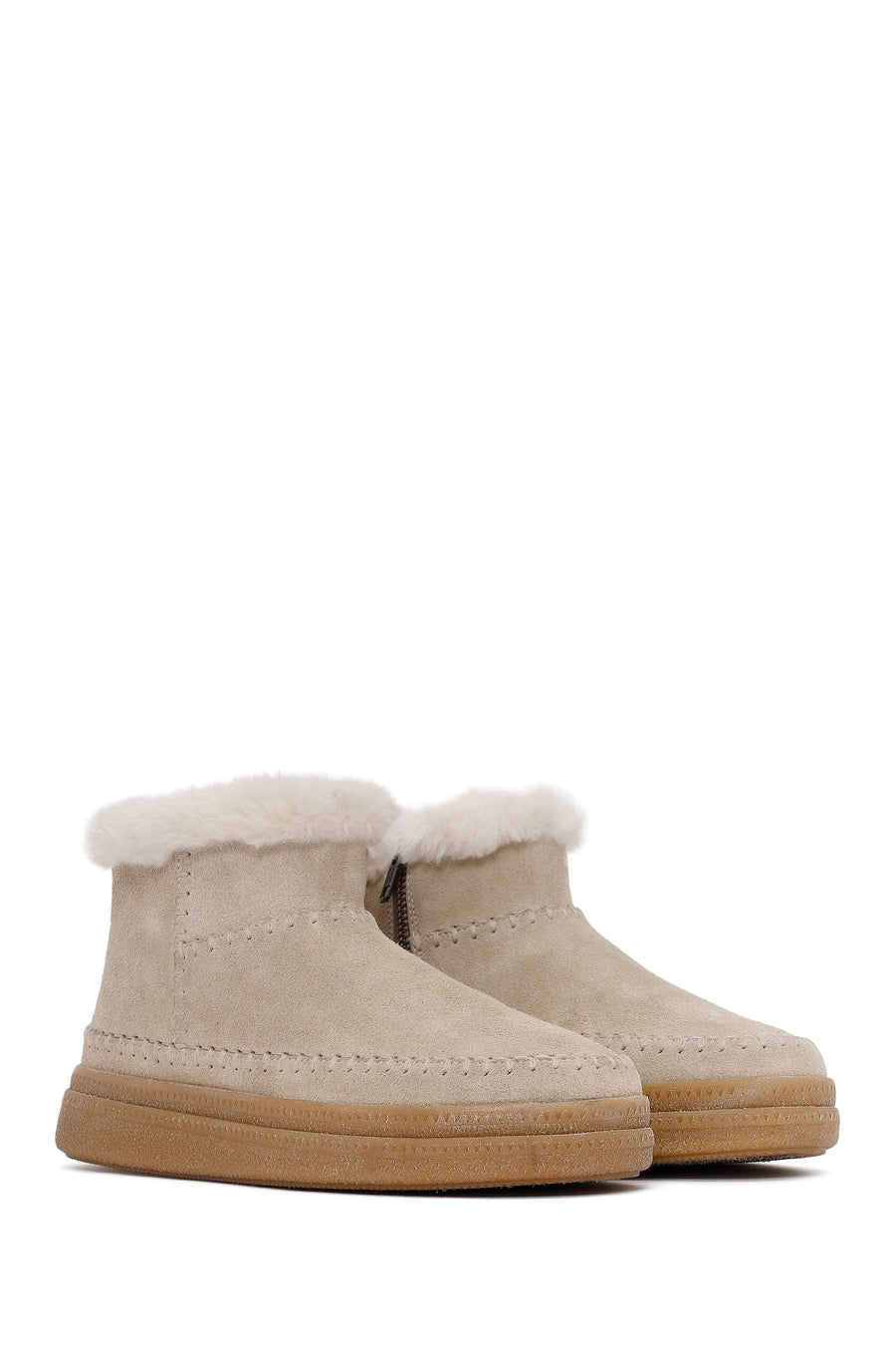 Woman Beige Zippered Thick-Soled Suede Leather Teddy Bot