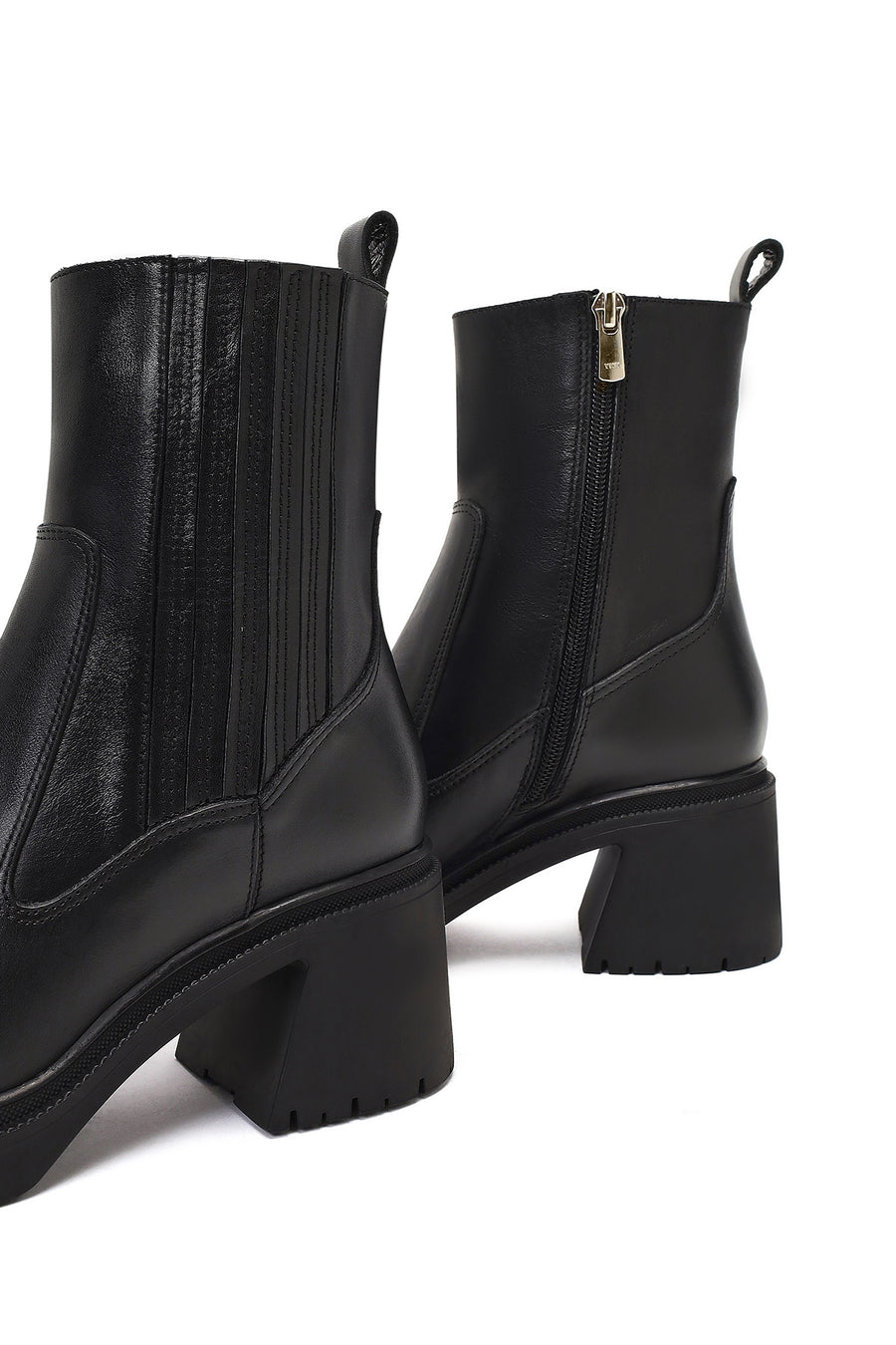 Women's Black Zippered Thick Heeled Leather Boot