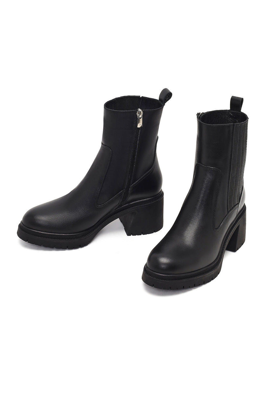 Women's Black Zippered Thick Heeled Leather Boot