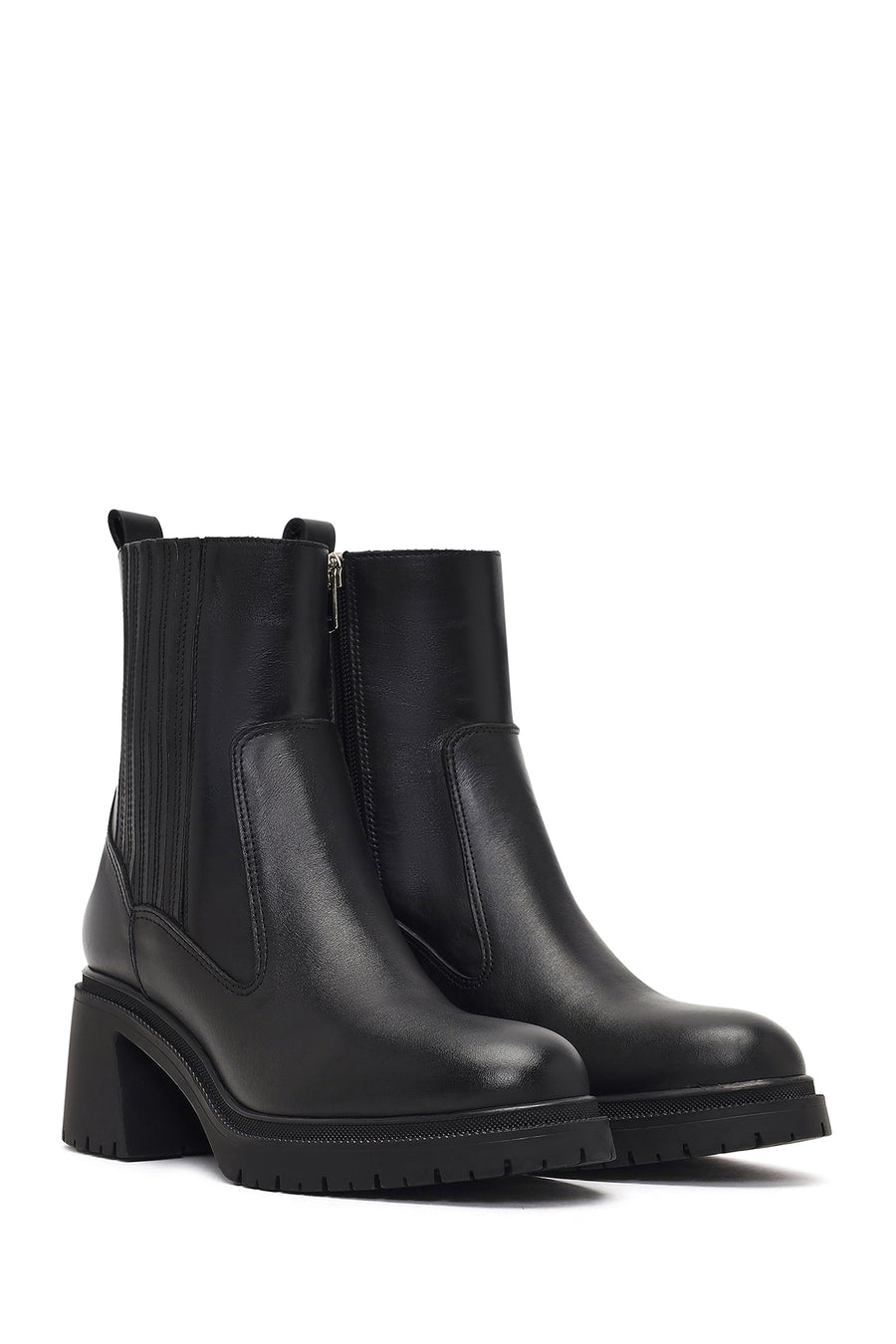 Women's Black Zippered Thick Heeled Leather Boot