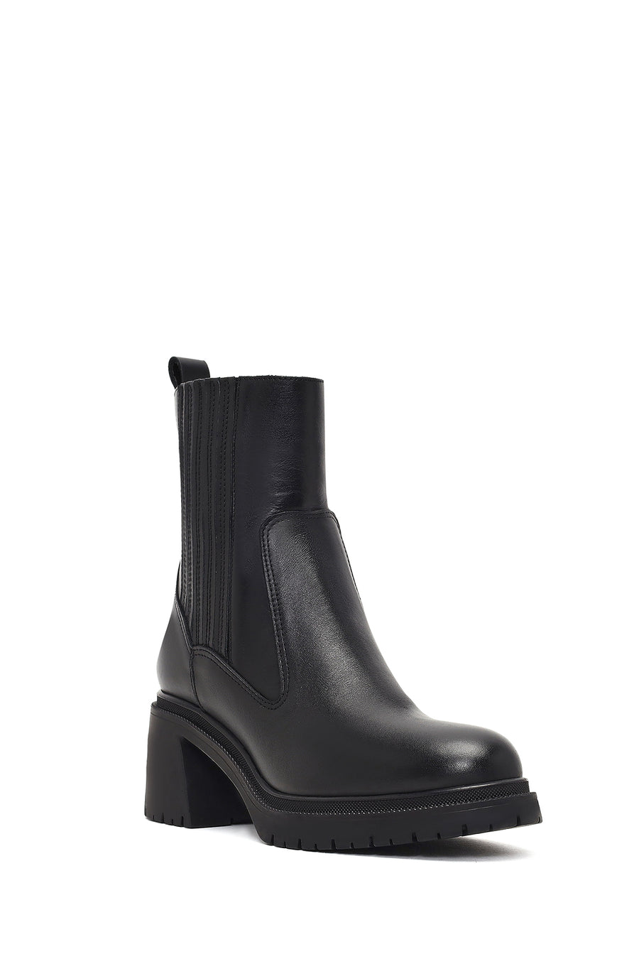 Women's Black Zippered Thick Heeled Leather Boot