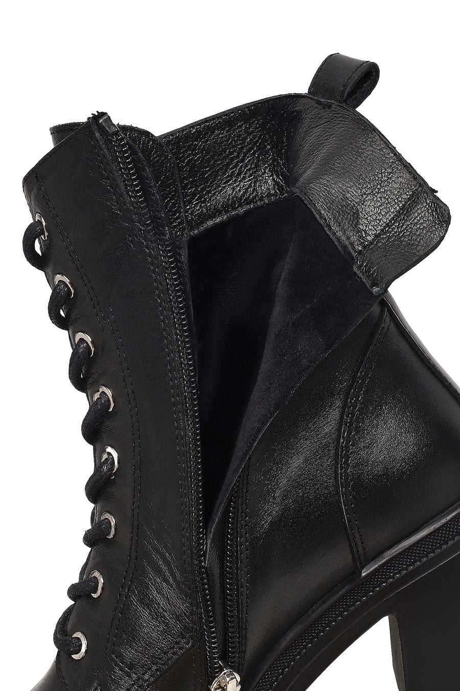 Women's Black Zippered Thick Heeled Leather Ankle Boots