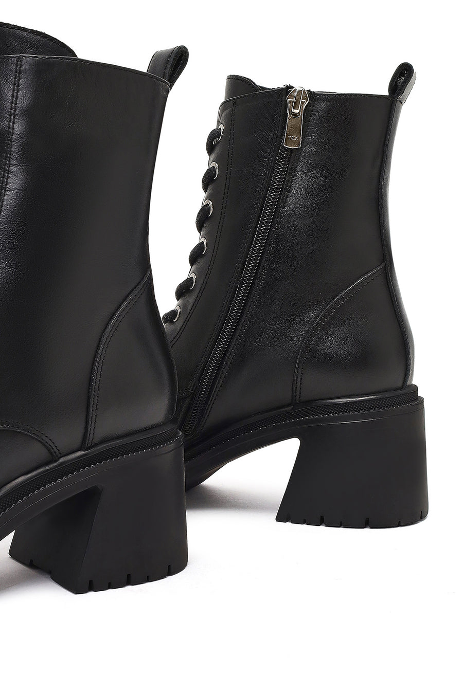 Women's Black Zippered Thick Heeled Leather Ankle Boots