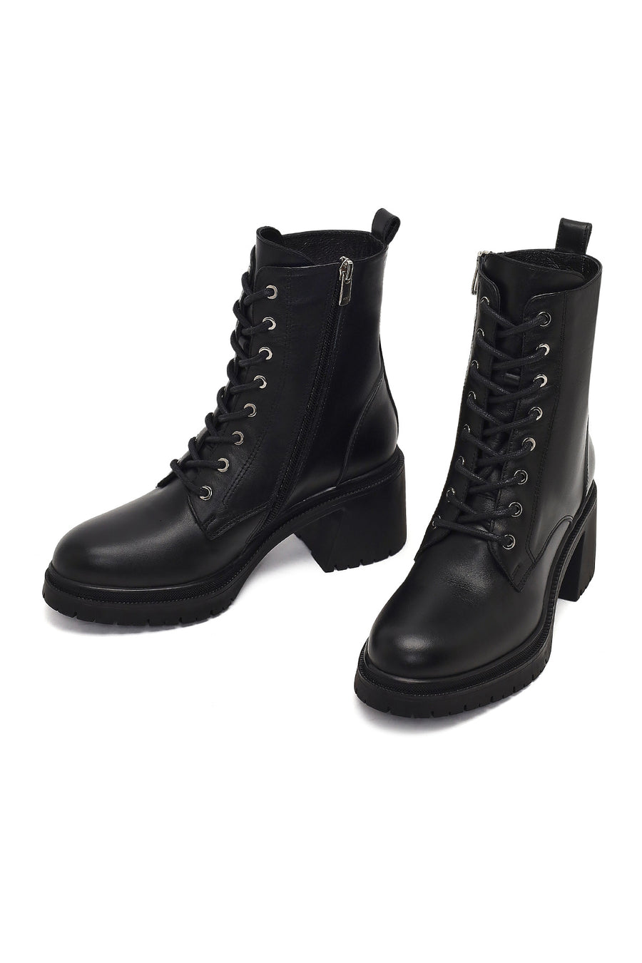 Women's Black Zippered Thick Heeled Leather Ankle Boots
