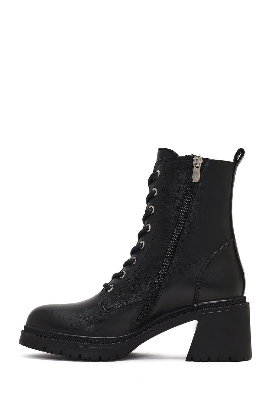 Women's Black Zippered Thick Heeled Leather Ankle Boots