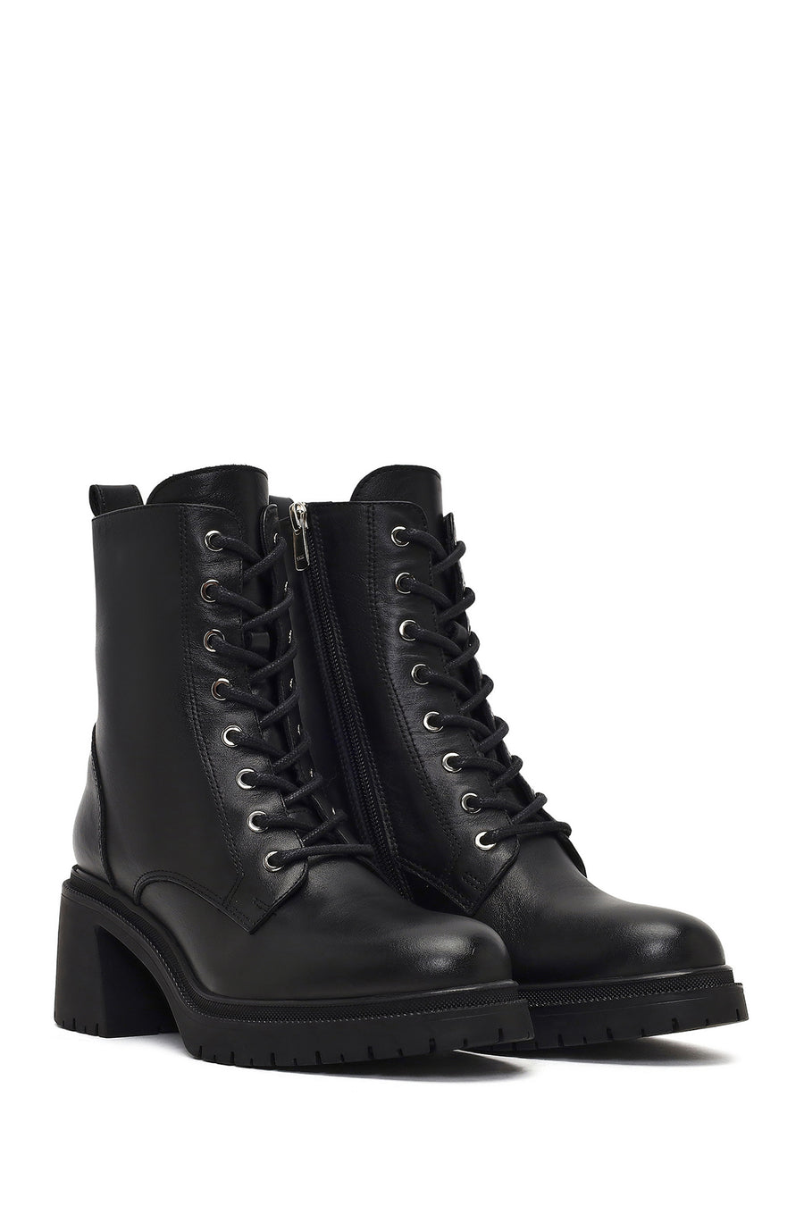 Women's Black Zippered Thick Heeled Leather Ankle Boots