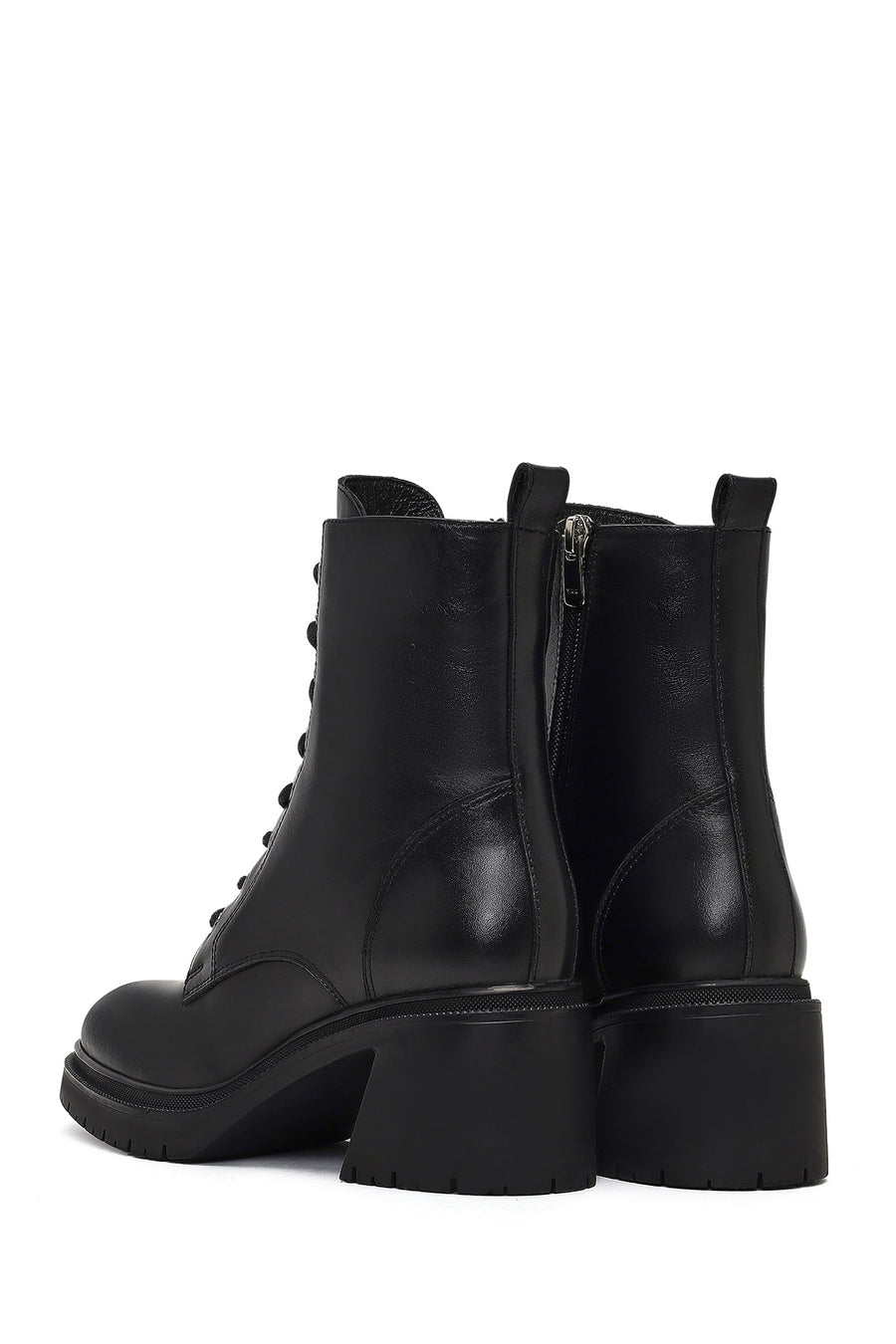 Women's Black Zippered Thick Heeled Leather Ankle Boots